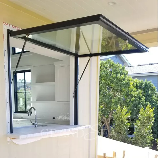 Ventanas de aluminio con rotura de puente térmico y puntal de gas, ventanas de toldo abatibles de aluminio con bisagra superior para barra de cocina