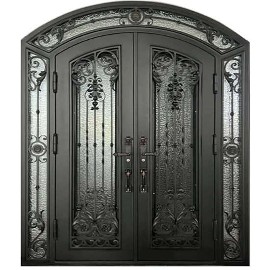 Puerta de entrada principal de hierro forjado personalizada, exterior, de acero francés, de seguridad, de metal y vidrio, con pivote.