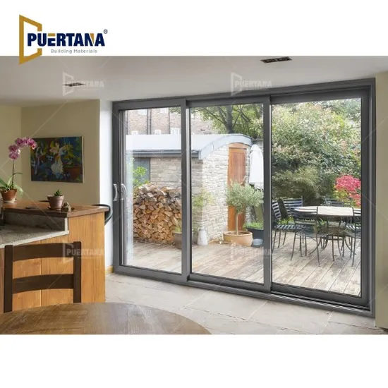 Puerta corrediza apilable con marco de aluminio con veta de madera y malla de seguridad