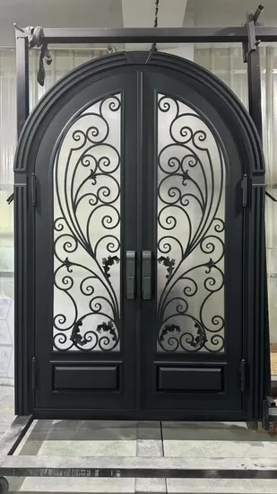 Puerta de hierro forjado estilo francés, puerta principal, diseño de puerta, casas, seguridad, metal, vidrio, frente, exterior, puerta doble