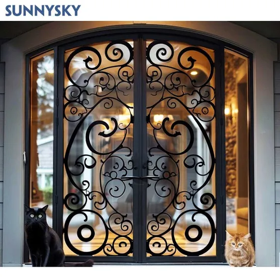 Puerta doble de hierro forjado fundido, puerta exterior de acero, arco de entrada frontal personalizado, entrada principal de villa clásica francesa para casa